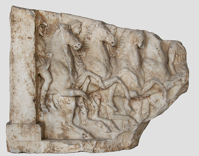 Victorious cavalrymen in the anthippasia contest at the Great Panathenaea (Agora Museum [Athens], inv. no. I 7167). [Photo courtesy of Hans Goette]
