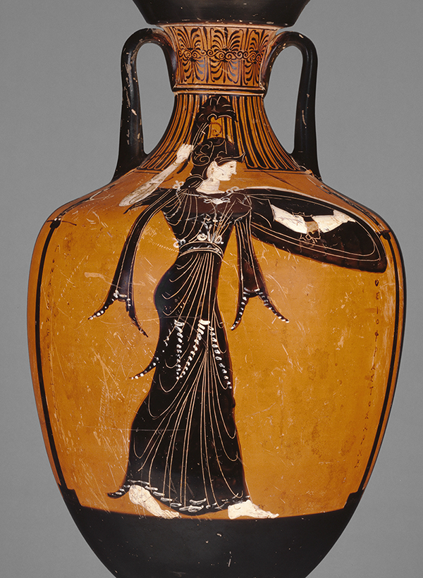 Athena dances a victory dance on a Panathenaic amphora (J. Paul Getty Museum [Malibu], inv. no. 79.AE.147.a).