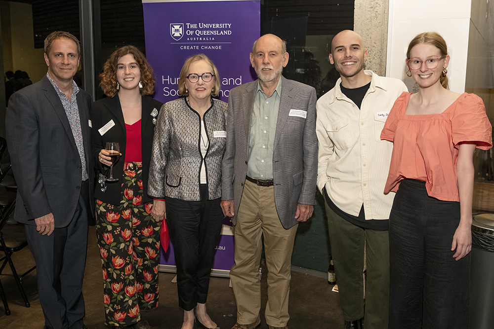 HASS Deputy Executive Dean Professor Greg Marston, 2022 Anita McCrossin and Bazil Muir Undergraduate Scholarship recipient Eloise Thompson, donors Dymphna and Christopher Muir, and guest speakers Darby Jones and Eva Bunker.