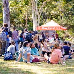 students sitting on grass chatting