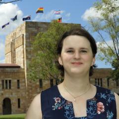 Genevieve James in front of Forgan Smith Building. 