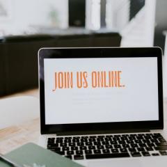 Stock image: laptop with orange text "Join us online"