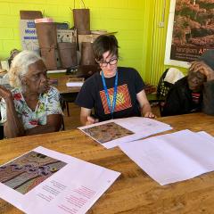 Felicity Meakins works with Gurindji co-authors Topsy Dodd Ngarnjal and Violet Wadrill on the ‘Tamarra’ story text (Photo: Briony Barr 2021)
