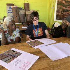 (L to R) Violet Wadrill, Professor Felicity Meakins and Topsy Dodd Ngarnjal working on book translations.